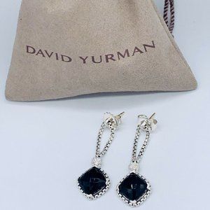 David Yurman Sterling Silver Black Onyx Cushion on Point Diamond Earrings